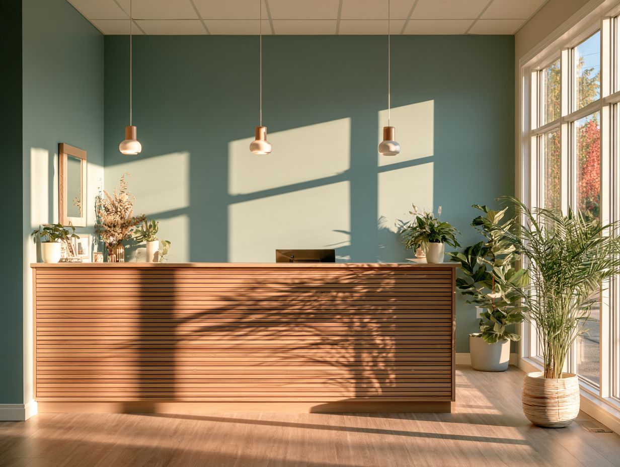 Clearwater reception desk in natural wood with plants and morning light