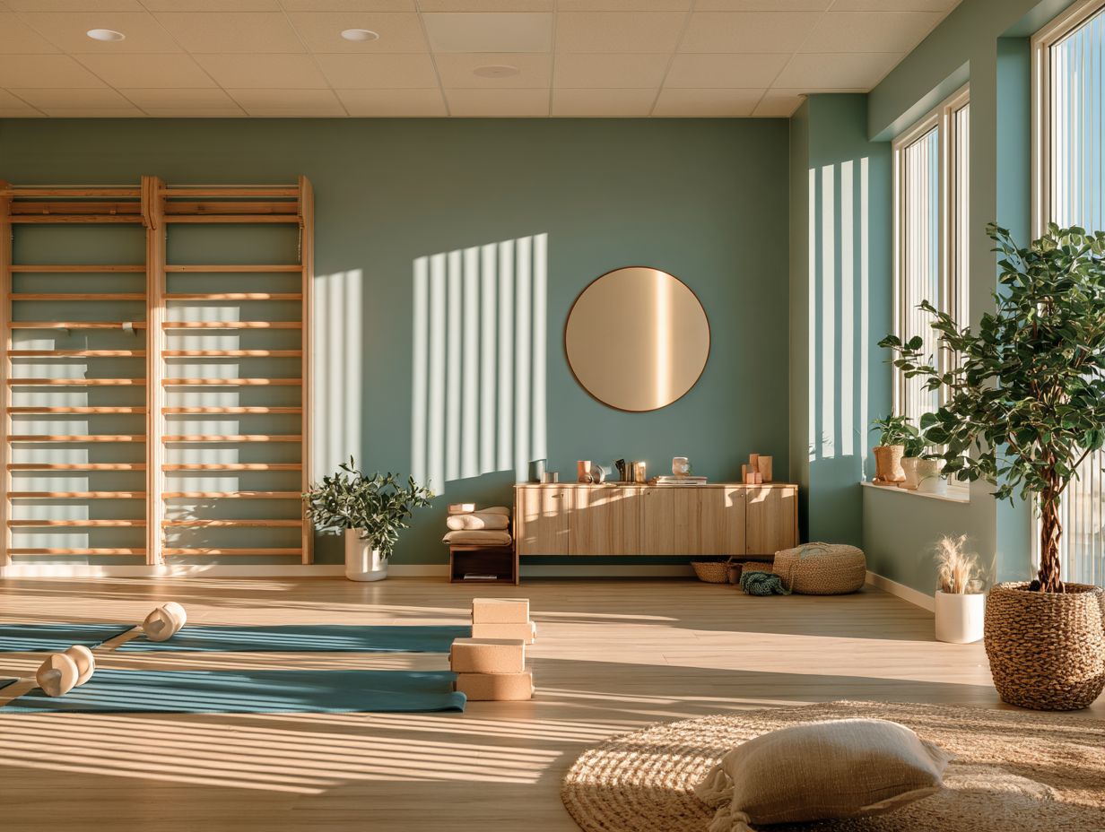 Bright exercise studio with wall bars, mats and plants